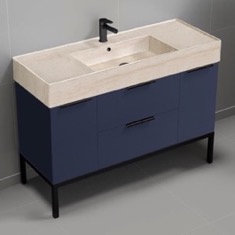 Modern Bathroom Vanity, Blue, 48 inch, Travertine Style Sink, Free Standing